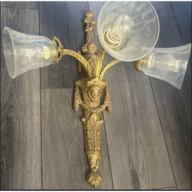 Lights Vintage Neoclassical Gilt Brass Figural Three-Light Wall Sconces - a Pair For Sale - Image 7 of 12