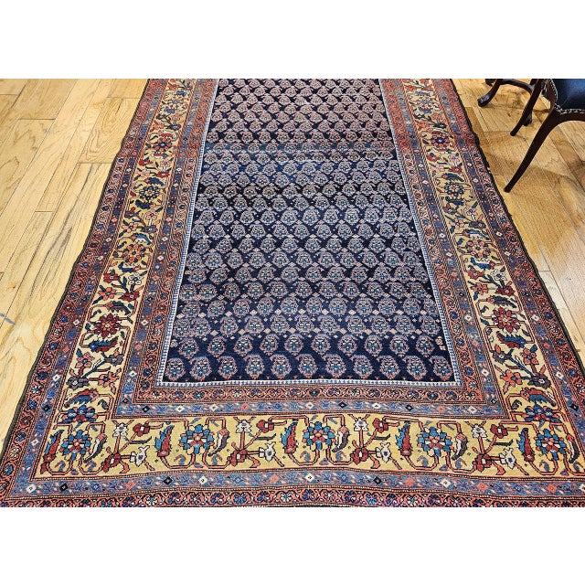 Textile Antique Persian Malayer Gallery Rug, Hand-Knotted Wool, Paisley Pattern, 6x11, Navy & Saffron Yellow For Sale - Image 7 of 18