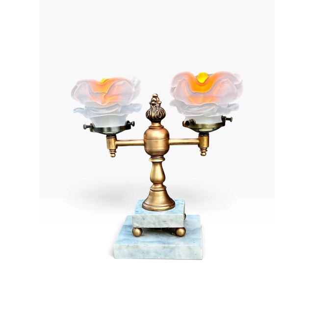 1950s Art Nouveau Style Double Arm Table Lamp With Frosted Floral Shaped Art Glass Shades For Sale - Image 4 of 15
