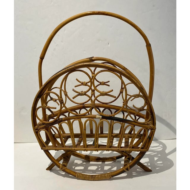 1960s Italian Magazine Holder Bamboo & Rattan Magazine Rack - charming rustic curly design pattern.