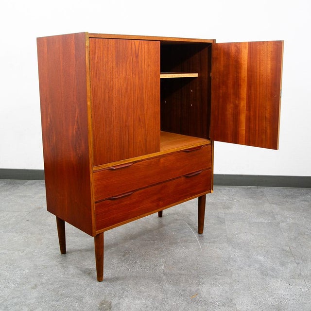 1960s Mid Century Danish Cabinet Highboy Brass Teak Denmark Drawer Sliding Doors Shelf For Sale - Image 5 of 12