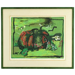 Colorful Turtle Block Print in Green, Red, Black & White