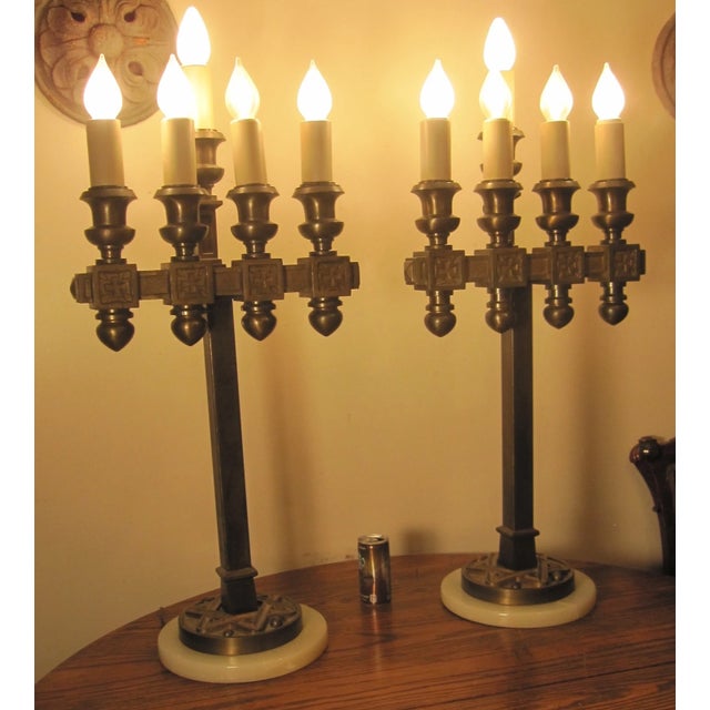 Metal 1940s Pair of 2 Gigantic Solid Bronze Marble Catholic Church Electric Table Lamp Brass For Sale - Image 7 of 12