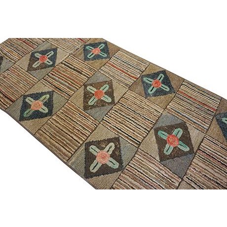 Inspirational Beige Color With Geometric Design Antique American Hooked Rug For Sale - Image 4 of 12