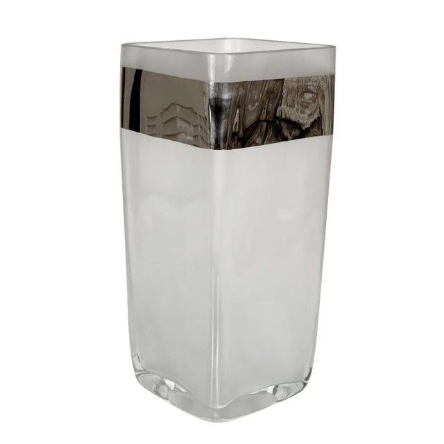 Vintage Italian Frosted Art Glass Chrome Rim Pillar Vase For Sale - Image 11 of 11