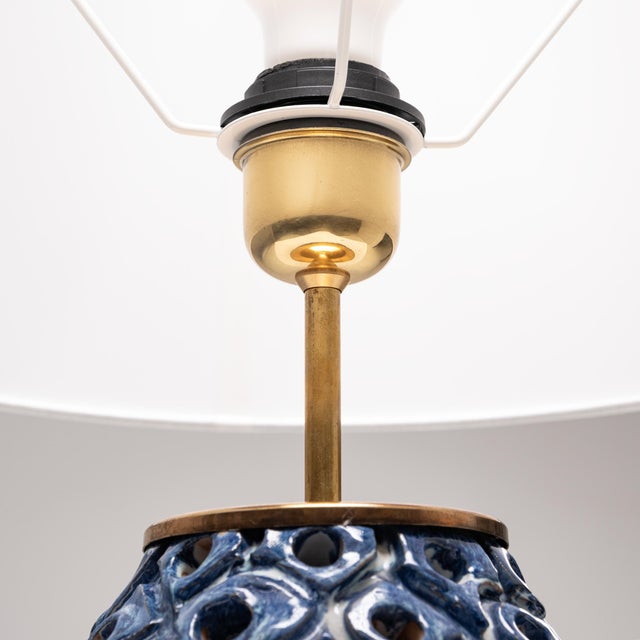 1960s Perforated Blue and White Glazed Stoneware Table Lamp, Denmark, 1960s For Sale - Image 5 of 9