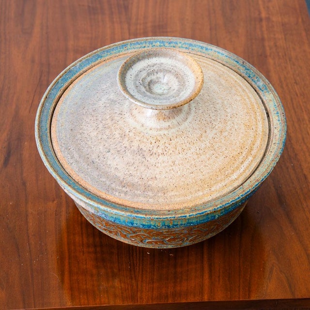 Art pottery lidded serving bowl / dish by unknown artist. Appears to be signed by Ceal or Ceel on the bottom of the piece....