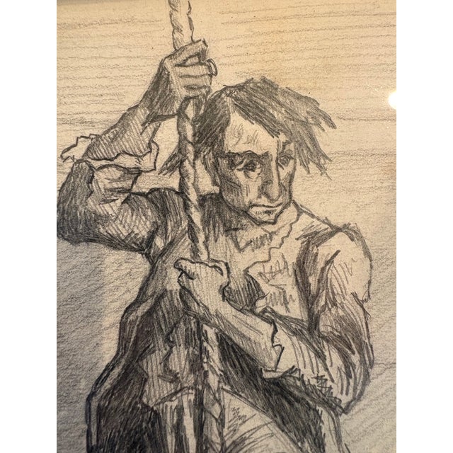 A refined vintage graphite figure study depicting a dynamic male figure grasping a rope, suggestive of a nautical theme....