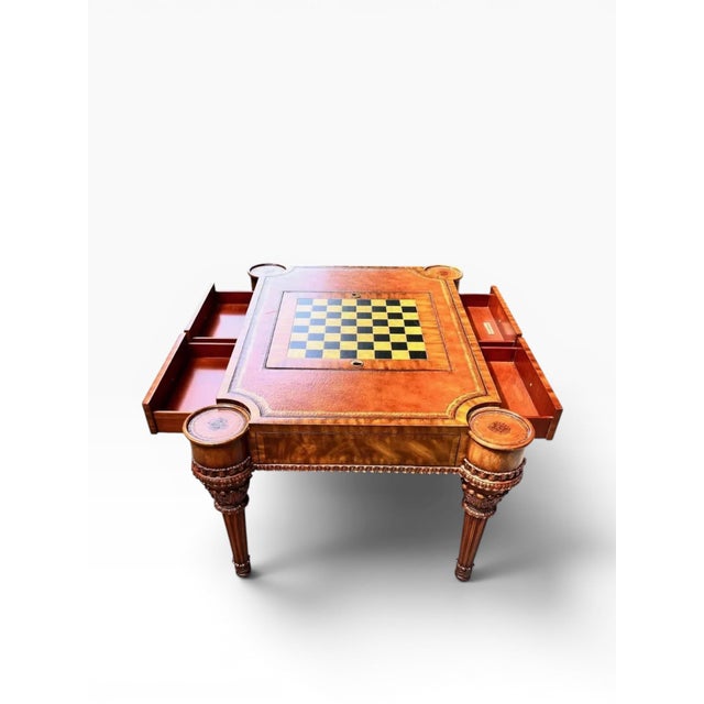 2000 - 2009 Maitland-Smith Leather Top Game Table W/ Chess & Backgammon, Carved Legs & Drawers For Sale - Image 5 of 13