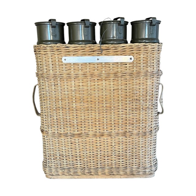 Rustic European Early 20th Century Pair of World War II Wicker Canister Holders With Canisters For Sale - Image 3 of 7