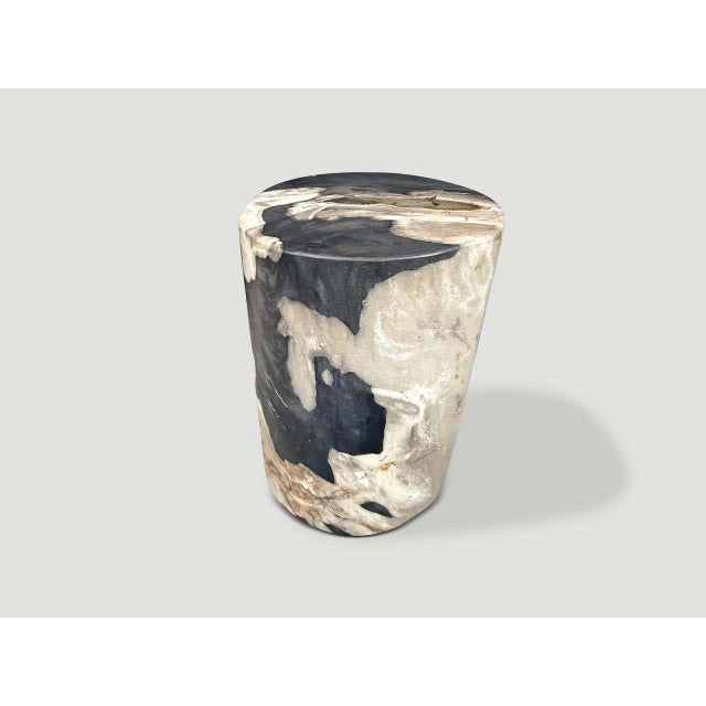 "Beautiful tones and markings on this impressive petrified wood side table. We added resin on the top for more usability....