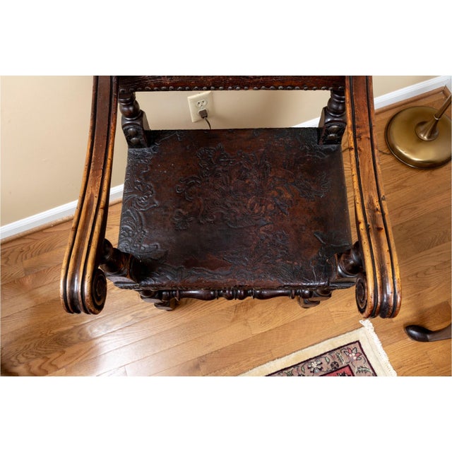 Early 19th Century Early 19th Century Jacobean-Era Tooled Leather Back & Seat Chair For Sale - Image 5 of 10