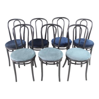Mid 19th Century Set of 7 Art Nouveau Thonet Bistro Chairs, Black Bentwood With Fabric Seats For Sale