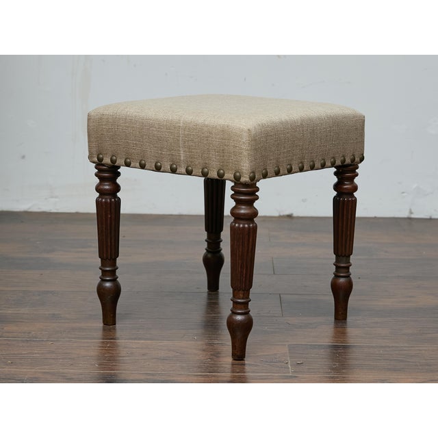 English Mahogany 19th Century Stool with Turned Legs and Custom Linen Upholstery For Sale In Atlanta - Image 6 of 12
