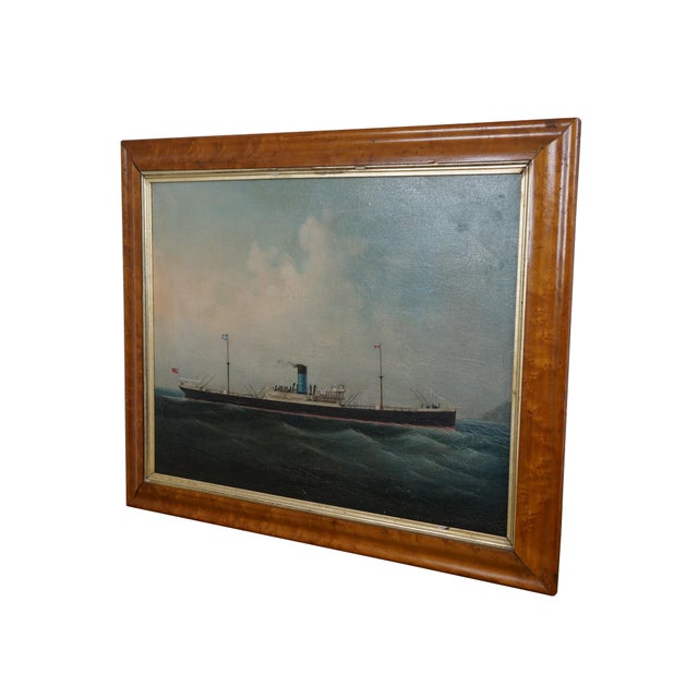 Nautical Early 20th Century Antique Maritime British Steam Ship Seascape Oil Painting Birdseye Maple 27", Framed For Sale - Image 3 of 12