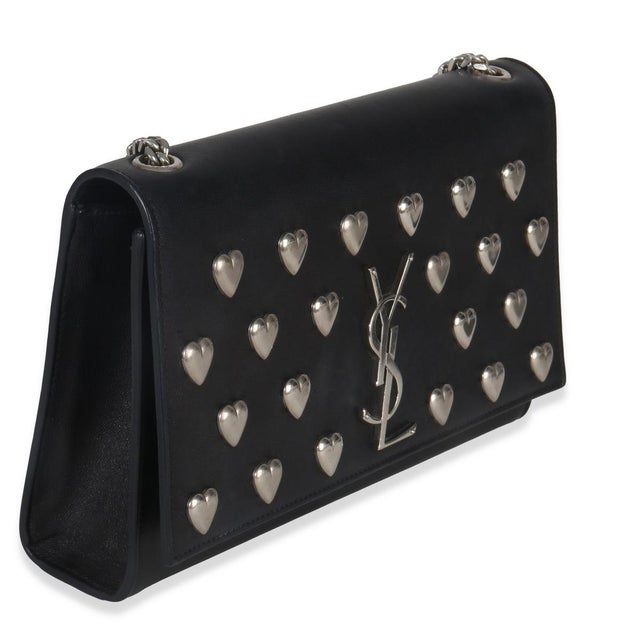 Contemporary Black Smooth Calfskin Studded Heart Medium Kate Chain Bag For Sale - Image 3 of 9