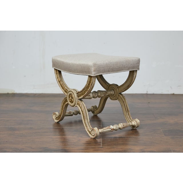 French French Empire Style Curule Stool with Gilded Accents and Linen Upholstery For Sale - Image 3 of 12