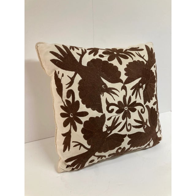 Crewel Work Hand Embroidered Brown Birds Toss Pillow -2 For Sale - Image 4 of 11