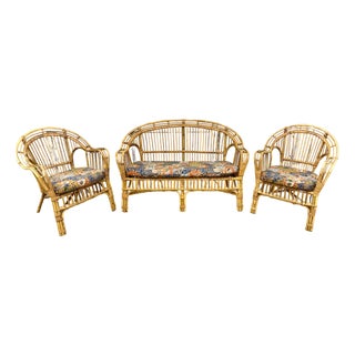 1975 O-Asian Designs Bamboo Rattan Living Room Set | Sofa & Lounge Chairs, Set of 3 For Sale