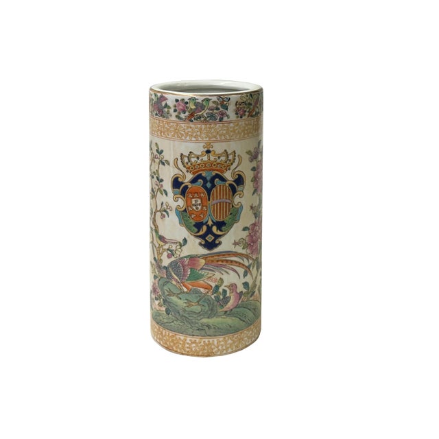 The Vintage Chinese Western Flags Flower Birds Graphic Export Period Column Vase Holder is a unique and intricately...