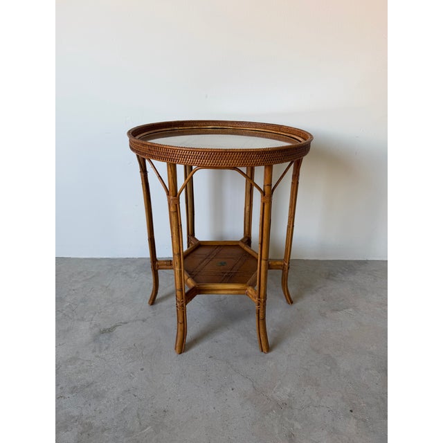 Wood Vintage Palecek Coastal Rattan and Woven Wicker End Side Table With Glass Top/ Sold For Sale - Image 7 of 12