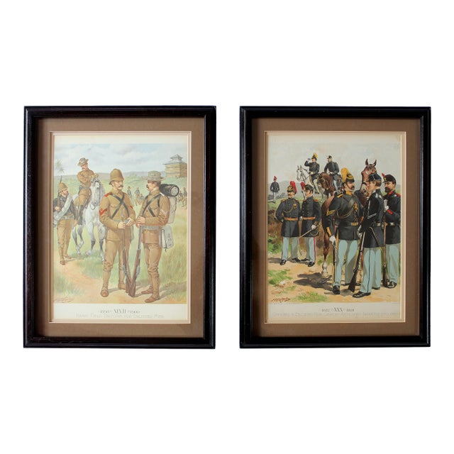 Chromolithograph by H. A. Ogden Military Uniforms - 19th Century European Soldiers, Matched Pair, Equestrian & Infantry Scenes - Antique Framed Prints For Sale