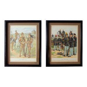 Chromolithograph by H. A. Ogden Military Uniforms - 19th Century European Soldiers, Matched Pair, Equestrian & Infantry Scenes - Antique Framed Prints
