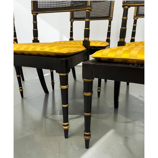Late 20th Century Set of Six Baker Furniture Regency Ebonized and Parcel Gilt Cane Dining Chairs For Sale - Image 10 of 14