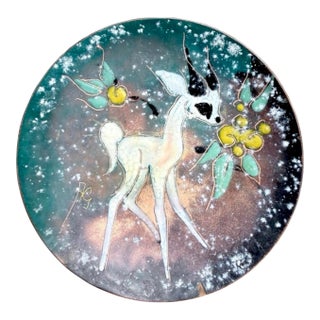 Dutch Mid-Century Enamel on Copper Fawn Dish, Sagitta Workshop Style, Signed Hg, C. 1955–1970 For Sale