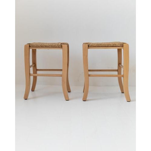 Vintage Wooden Stools with Handwoven Straw Seats and Curved Legs, 1980s, Set of 2 For Sale - Image 9 of 11