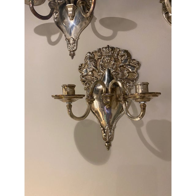 1920s English Silver Plated Unicorns Shield Sconces - Pair For Sale - Image 4 of 8