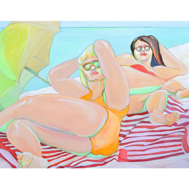 Late 20th Century Large Pop Art Modernist Oil Painting of Two Sun Bathers at the Beach For Sale - Image 5 of 6