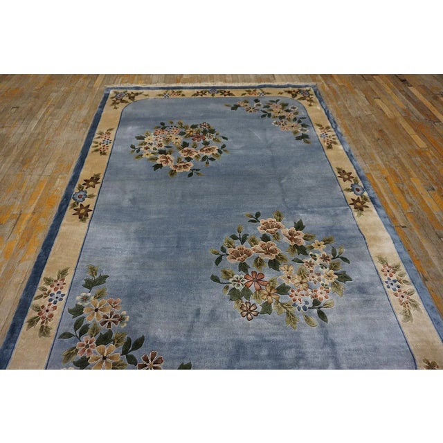 Art Deco 1980s Ligth Blue Floral Vintage Silk Chinese Art Deco Carpet 6'2" X 9' Handknotted Rug For Sale - Image 3 of 12