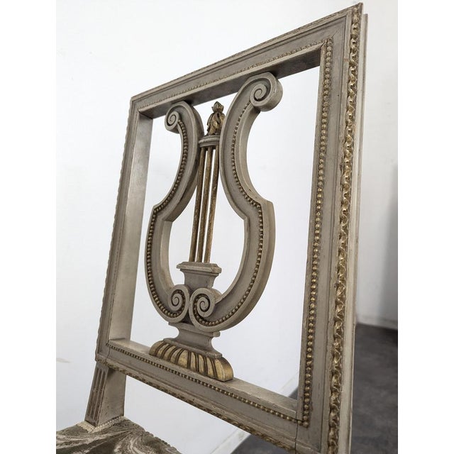 Louis XVI Style Cream Lacquered and Upholstered Cabriolet Salon Set with Gilded Highlights, Set of 6 For Sale - Image 16 of 18
