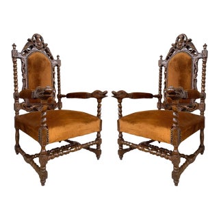 Early 20th Century Vintage Louis XVI Style Spanish Pair of Carved Walnut Armchairs - a Pair For Sale