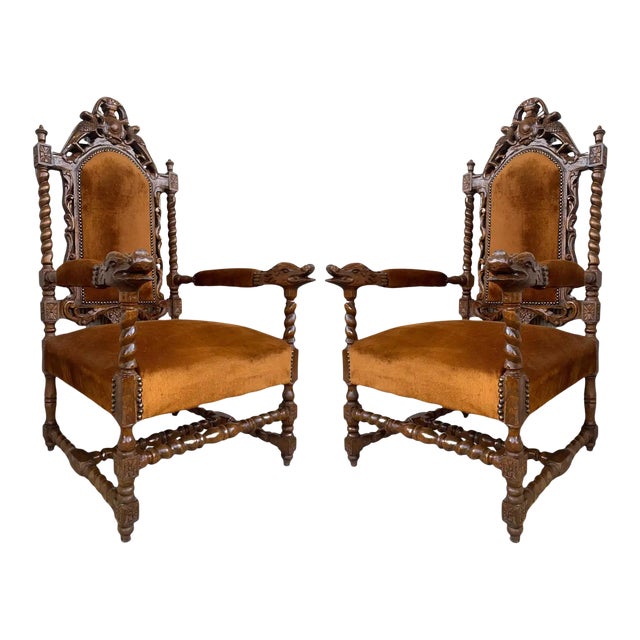 Early 20th Century Vintage Louis XVI Style Spanish Pair of Carved Walnut Armchairs - a Pair For Sale
