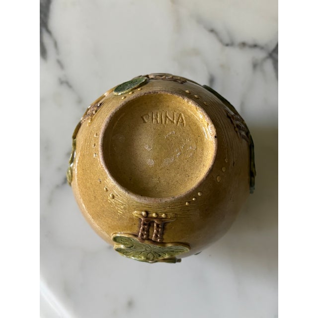 Antique Chinese Mustard Glazed Pottery Lotus & Crane Relief Vase / Ginger Jar For Sale - Image 12 of 16