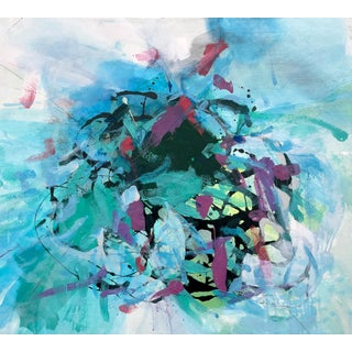 "Beach Days" Large Coastal Modern Statement Painting in Aqua and Teal With Magenta Accents For Sale