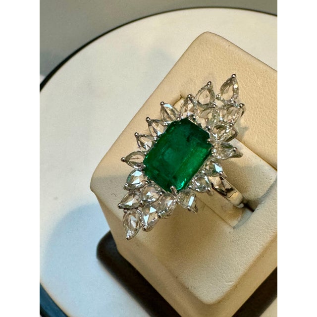Art Deco 4Ct Finest Zambian Emerald Cut Emerald & 2.5Ct Diamond Ring, 18 Kt Gold Size 6.5 For Sale - Image 3 of 18