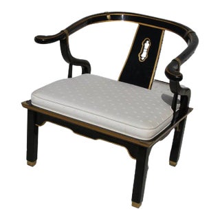 1970s Ming Style Black Lacquer & Brass Low Chair After James Mont For Sale