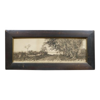 Antique Ernest C Rost Country Road Cottage Trees Lake Landscape Etching 30" For Sale