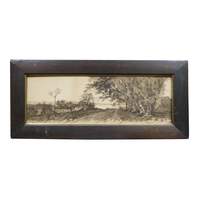 Antique Ernest C Rost Country Road Cottage Trees Lake Landscape Etching 30" For Sale