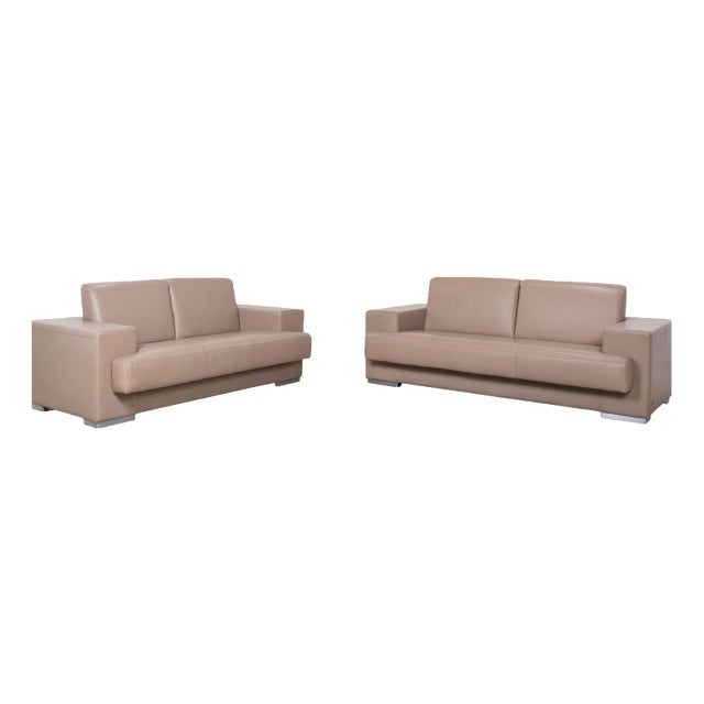Rolf Benz Set of Three-Seater and Two-Seater Leather Sofas in Cream Beige, Set of 2 For Sale