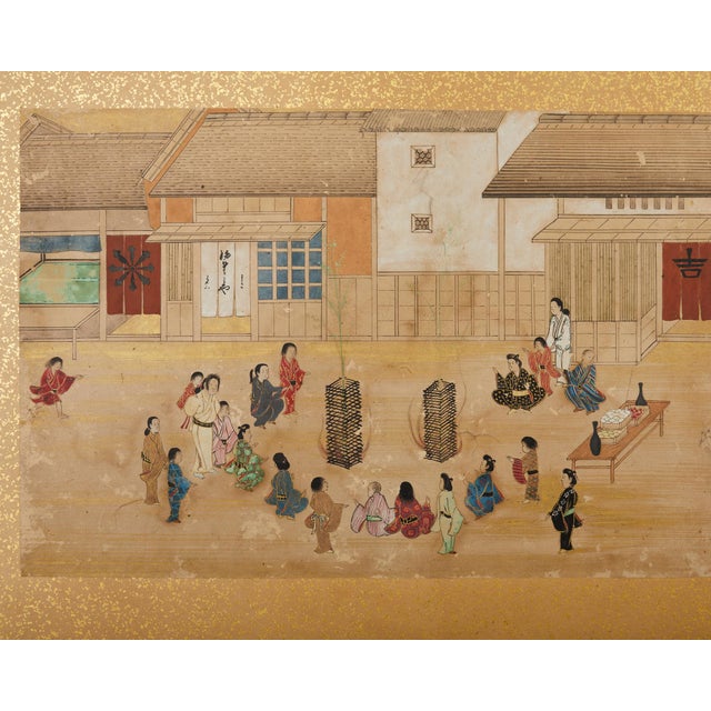 19th Century Japanese Meiji Four Panel Screen Festival Scenes For Sale In Sacramento - Image 6 of 12