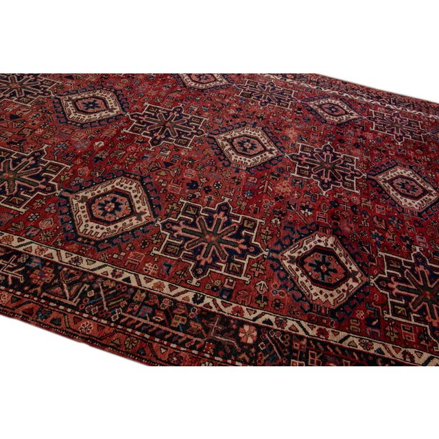 1920s Antique Heriz Persian Handmade Red Geometric Pattern Wool Rug For Sale - Image 5 of 9