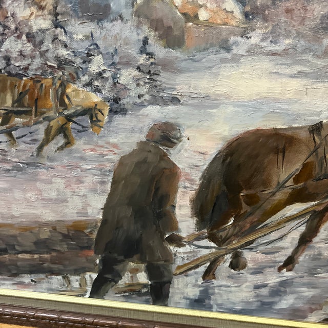 20th Century European School Oil on Canvas by Polish Artist Edward Mesjasz (1929-2007) Depicting Winter Horses Hauling Woods For Sale In Washington DC - Image 6 of 12
