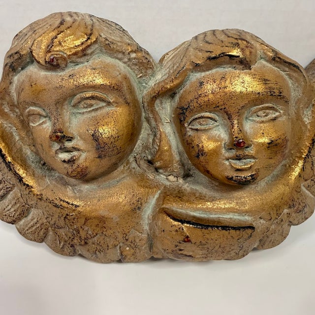 Vintage Gold Cherub Angel Wall Plaque Double Winged Putti Relief Sculpture 10in For Sale - Image 11 of 13