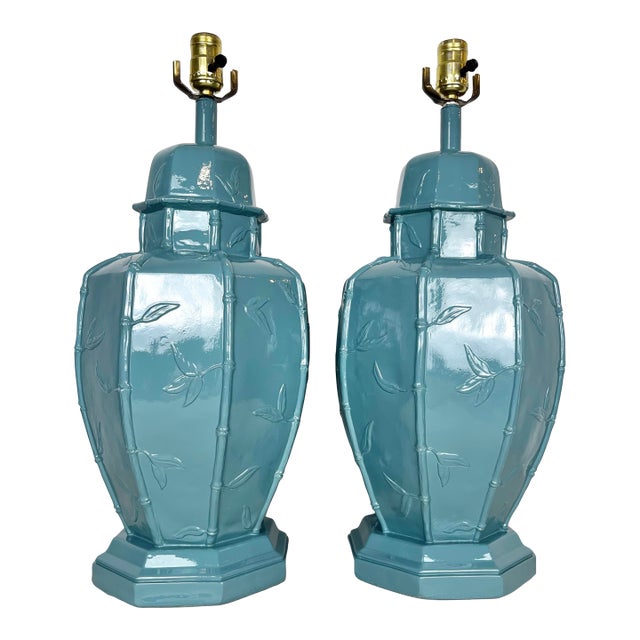 Newly Lacquered Vintage Faux Bamboo Ginger Jar Lamps- A Pair For Sale