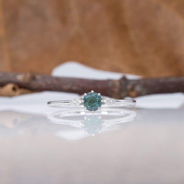 Blue Alexandrite Ring With Earth-Mined Diamond Accents: Solid 14k Gold, Round 4.2mm, Size 6.75 For Sale - Image 8 of 12