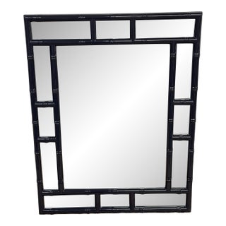 Chinoiserie Lacquered Faux Bamboo Wall Mirror, Navy For Sale